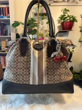 Coach Brown Signature Stripe Satchel with Cherry Charm
